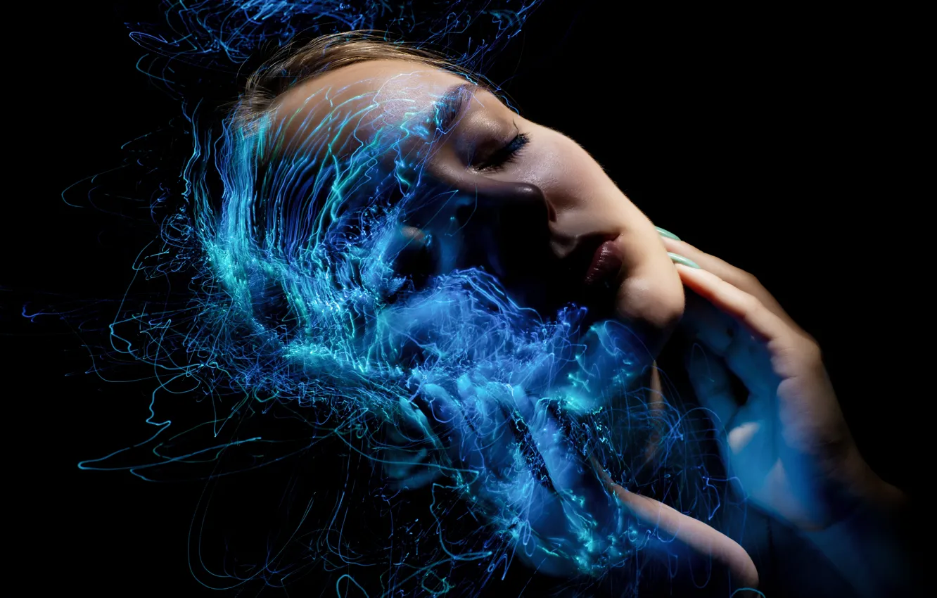 Photo wallpaper girl, light, line, blue, abstraction, face, pose, eyelashes