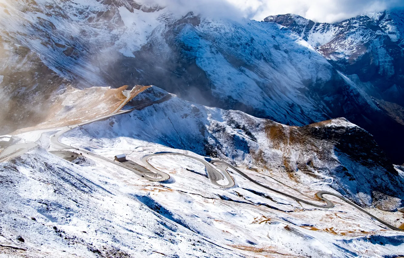Photo wallpaper road, clouds, snow, mountains, height, home, house