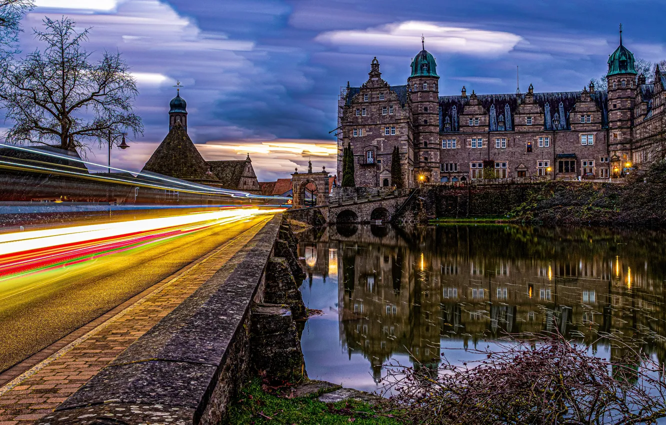 Photo wallpaper bridge, reflection, river, castle, the evening, Germany, Germany, Lower Saxony