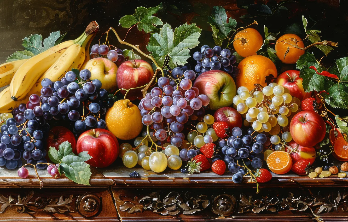 Photo wallpaper leaves, red, berries, raspberry, the dark background, table, apples, orange