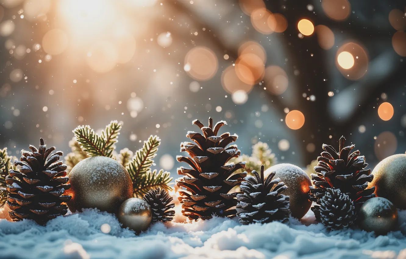 Photo wallpaper winter, balls, snow, branches, lights, tree, new year, Christmas