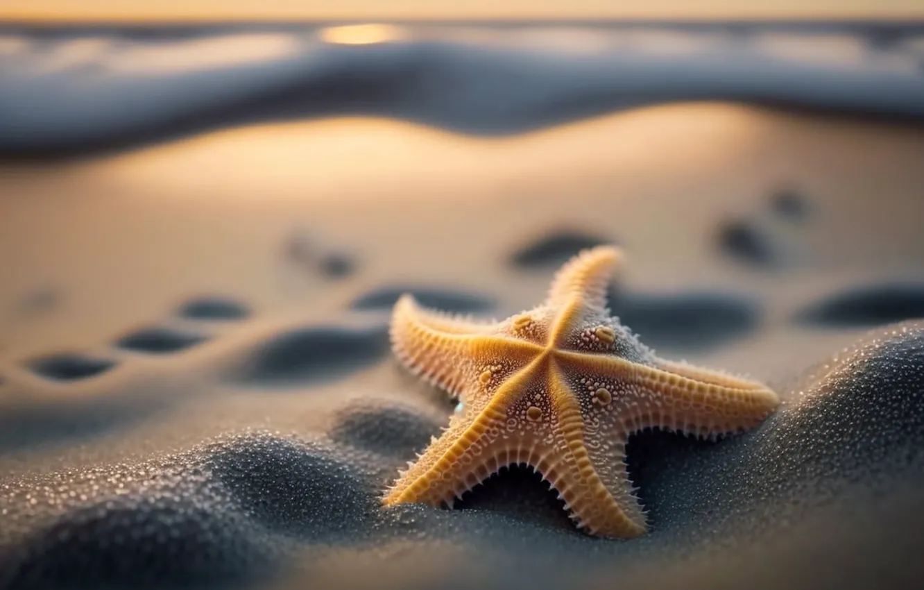 Photo wallpaper The Art of Artificial Intelligence, light, starfish, AI art, digital art, coast, sand, bokeh