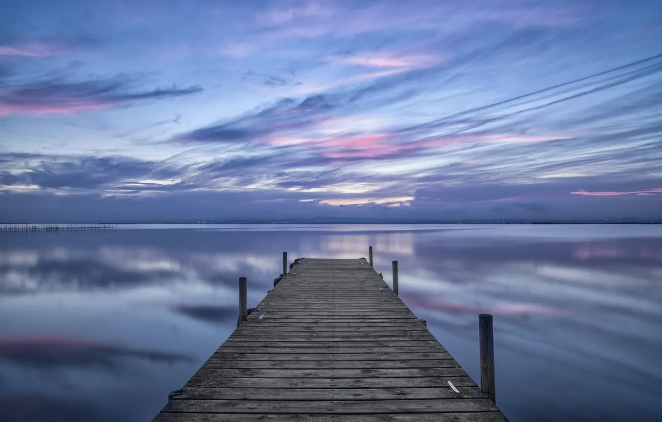 Photo wallpaper sea, the sky, water, clouds, surface, reflection, the evening, wooden