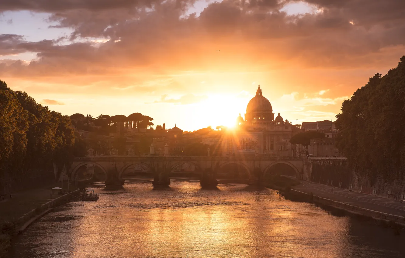Photo wallpaper the sky, the sun, clouds, rays, light, trees, sunset, bridge