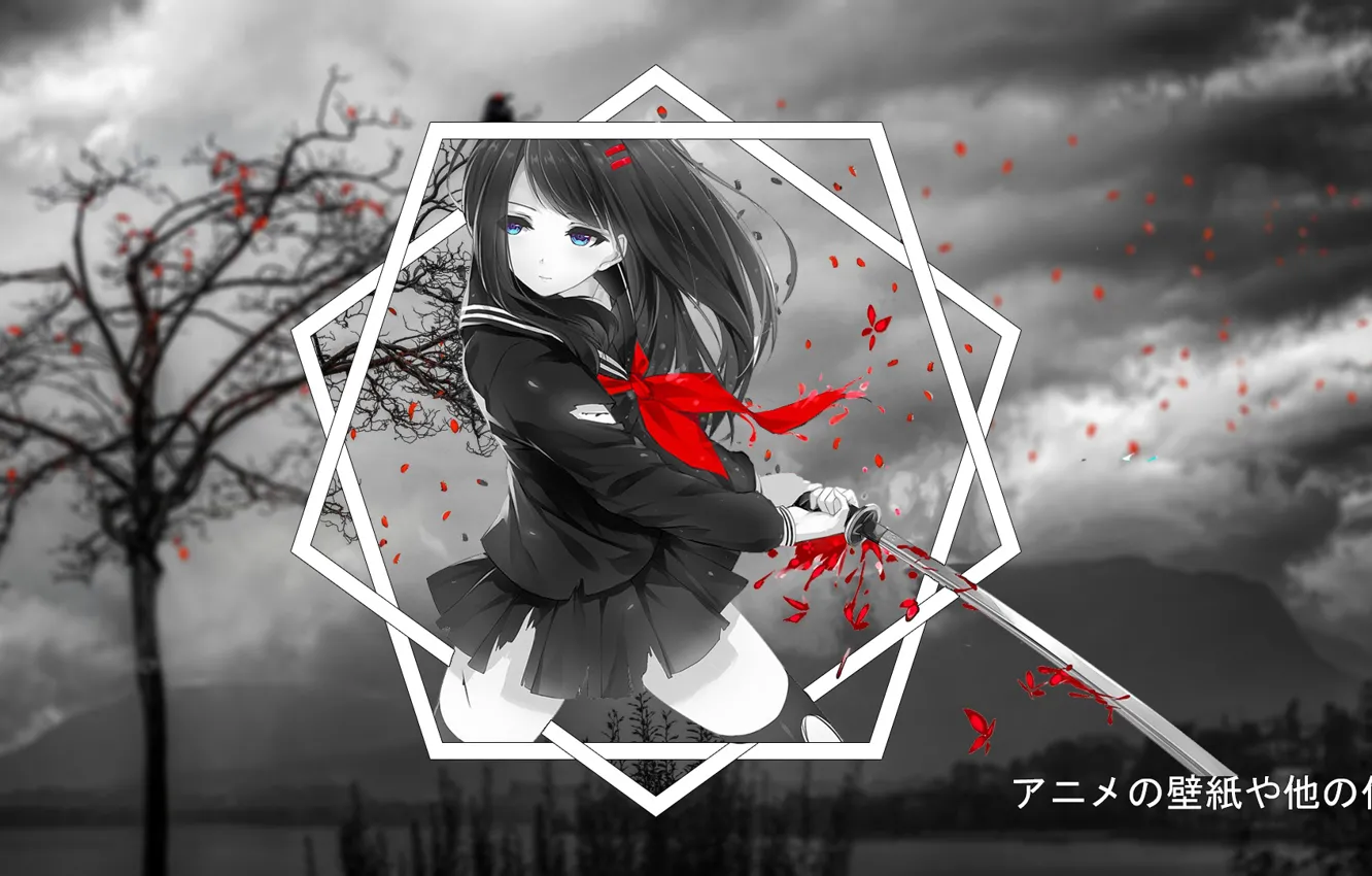 Photo wallpaper trees, anime, petals, geometric figure, Anime girl, madskillz, madskillz