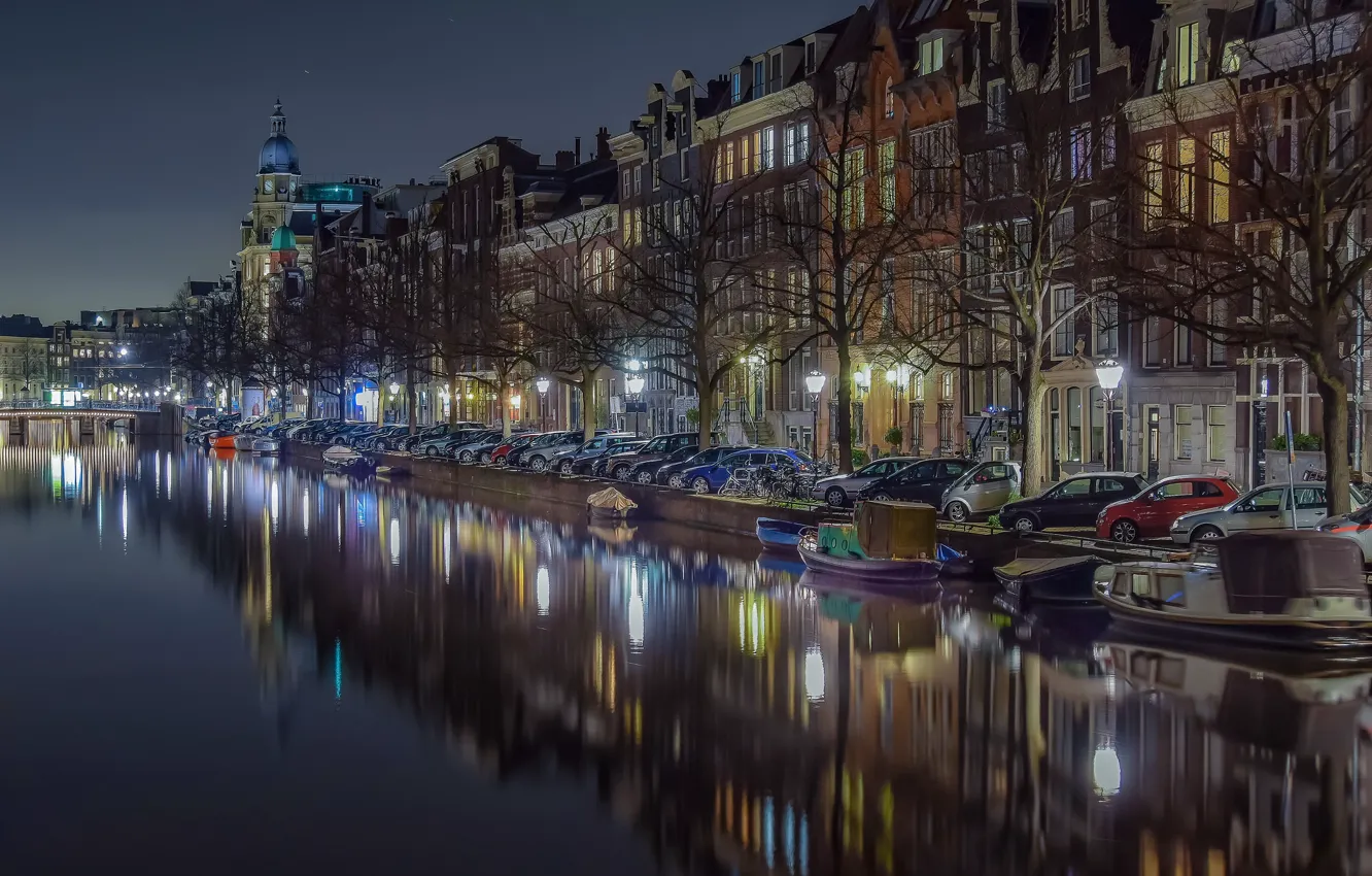 Photo wallpaper machine, auto, the sky, water, light, trees, landscape, night