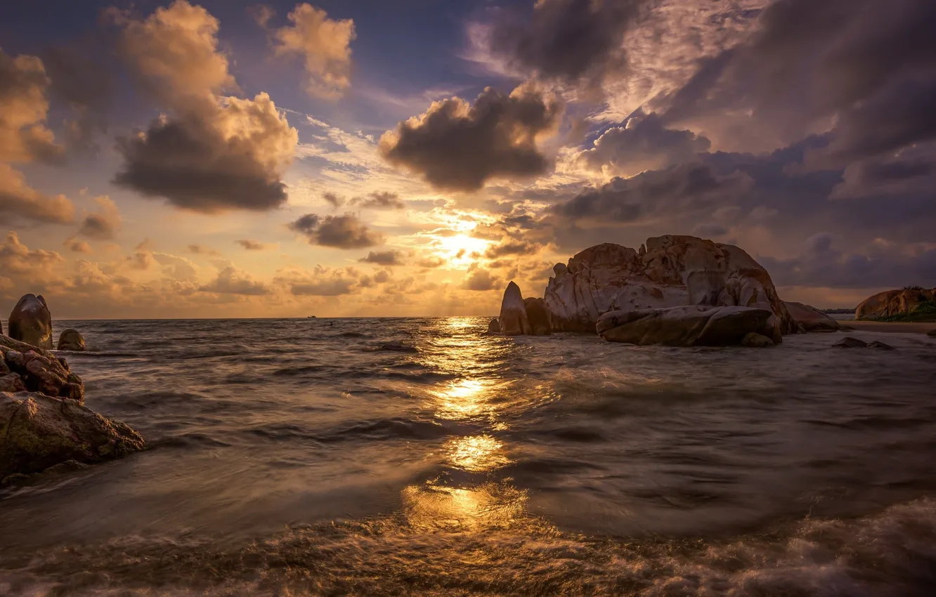 Photo wallpaper sea, wave, landscape, sunset, nature, coast, beauty