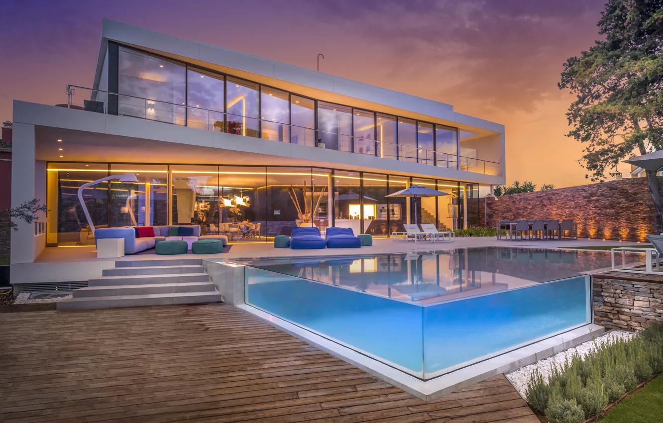 Photo wallpaper style, Villa, the evening, pool, lighting, architecture, terrace