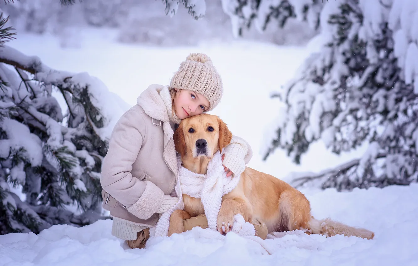 Photo wallpaper winter, snow, trees, nature, dog, scarf, girl, friends