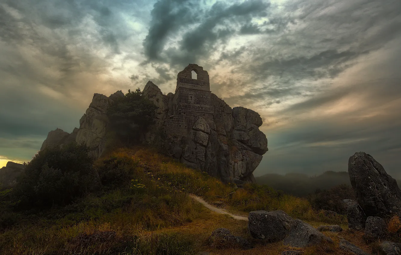Photo wallpaper autumn, fog, stones, castle, hill, ruins