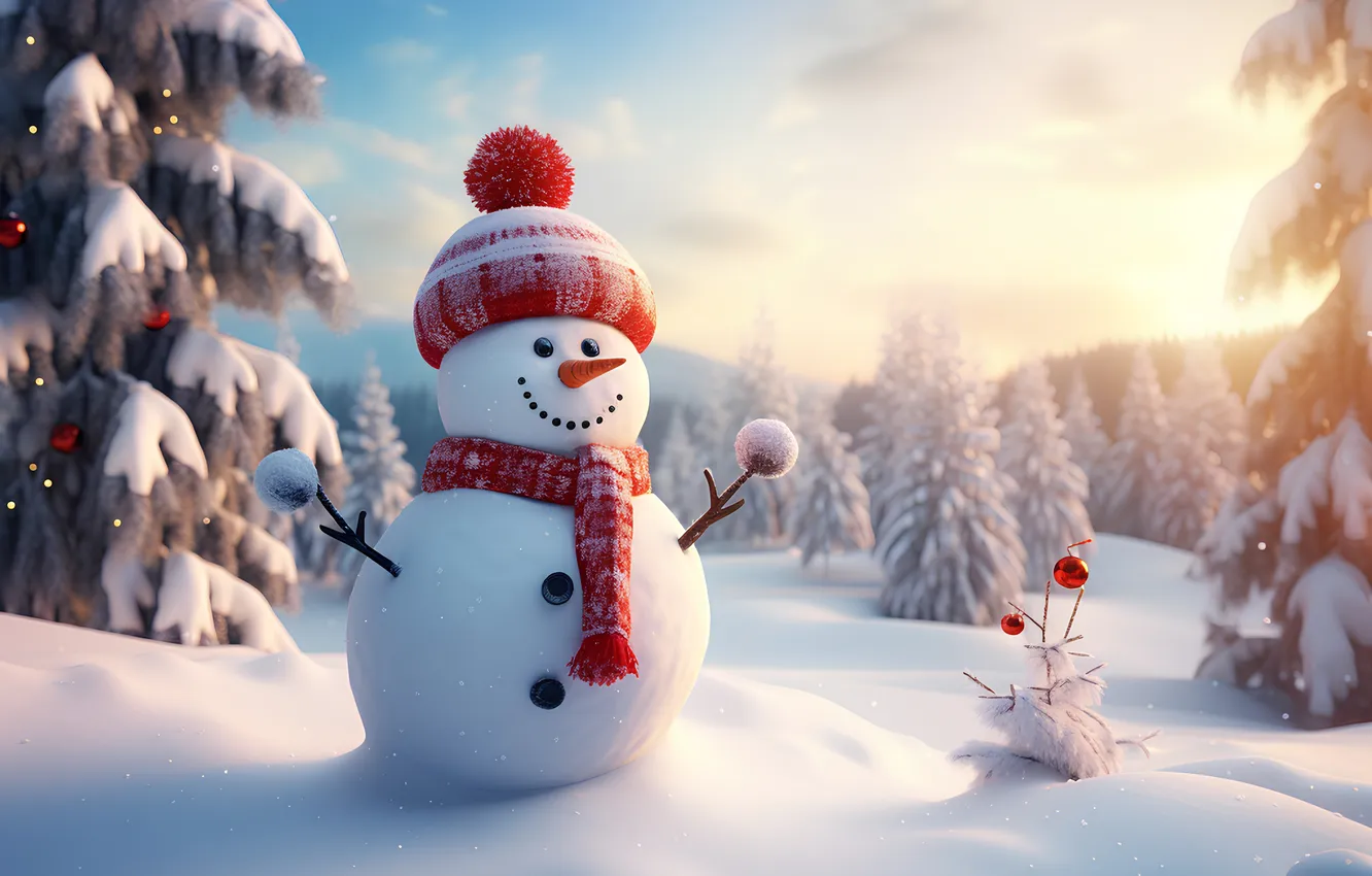 Photo wallpaper winter, snow, new year, Christmas, snowman, Christmas, winter, snow