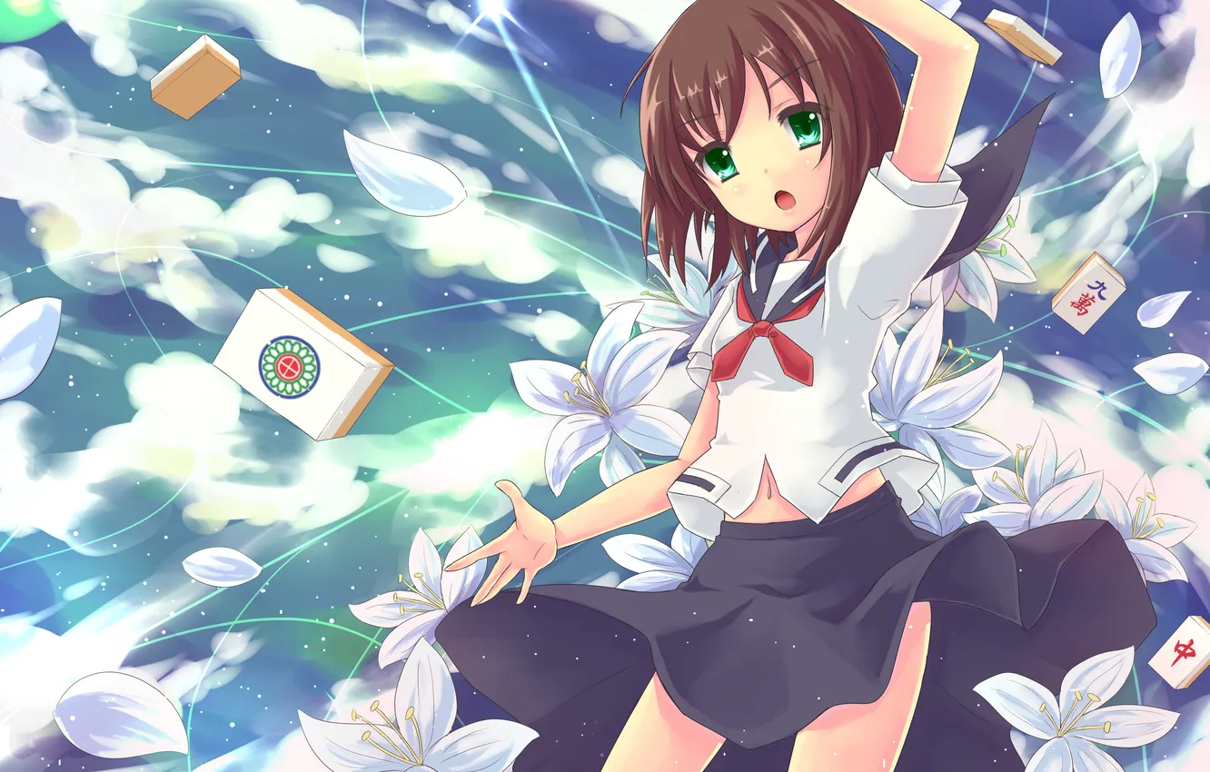 Photo wallpaper look, girl, flowers, surprise, schoolgirl, gesture, art, Saki