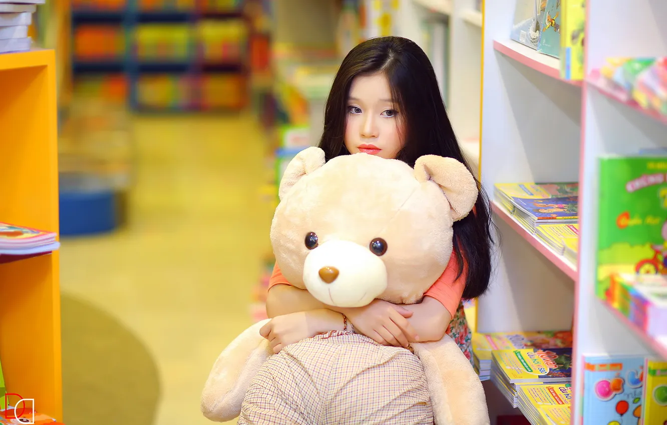 Photo wallpaper girl, mood, bear, Asian