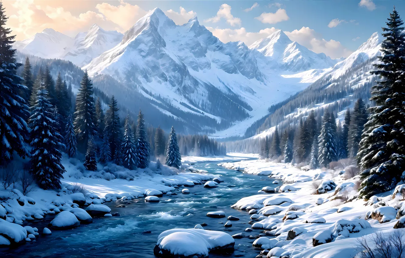 Photo wallpaper winter, snow, trees, mountains, river, digital art, AI art, The Art of Artificial Intelligence