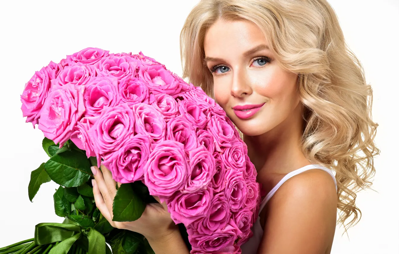 Photo wallpaper look, girl, smile, roses, bouquet, Blondie