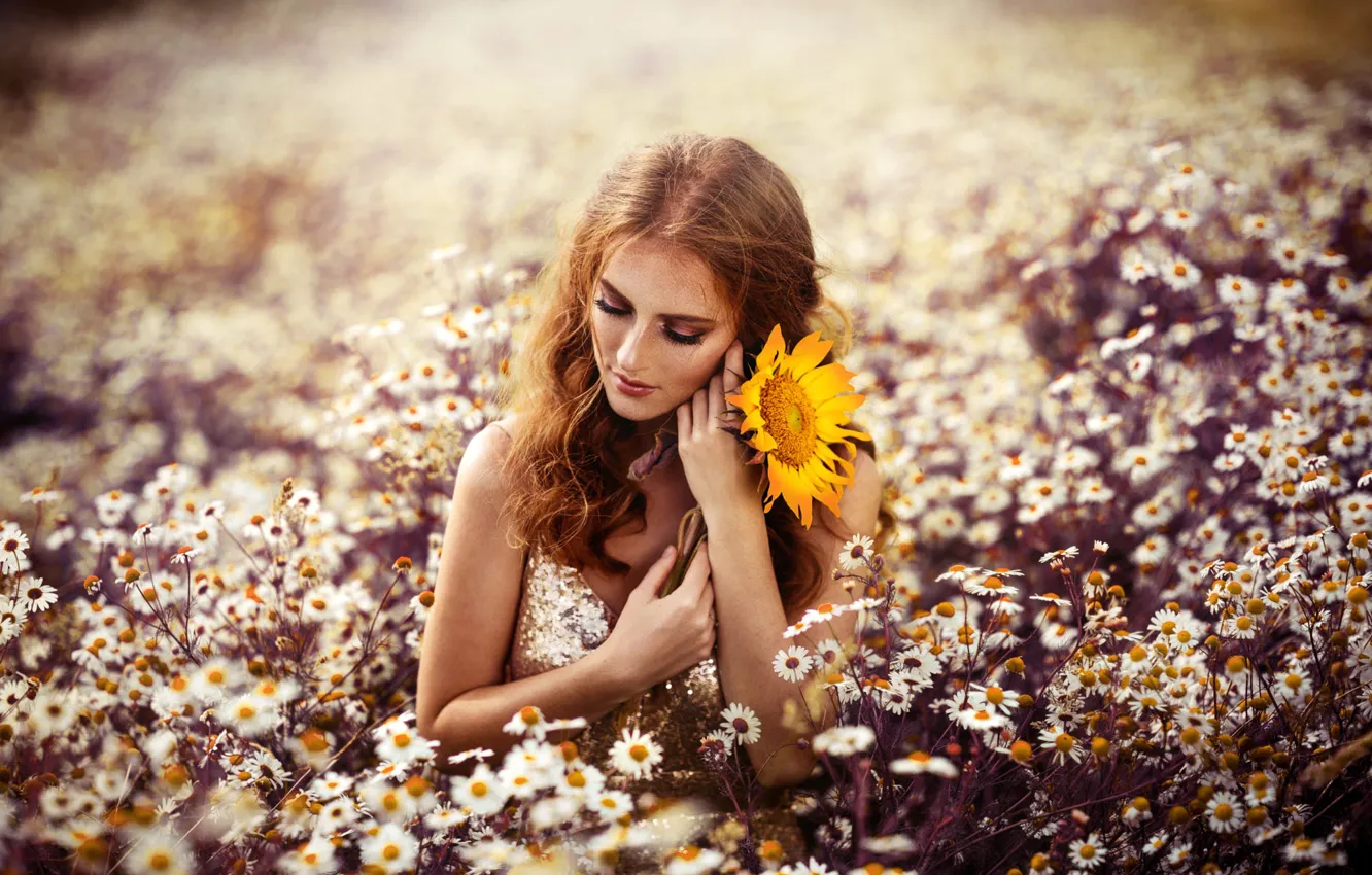 Photo wallpaper field, flower, summer, girl, flowers, yellow, nature, pose