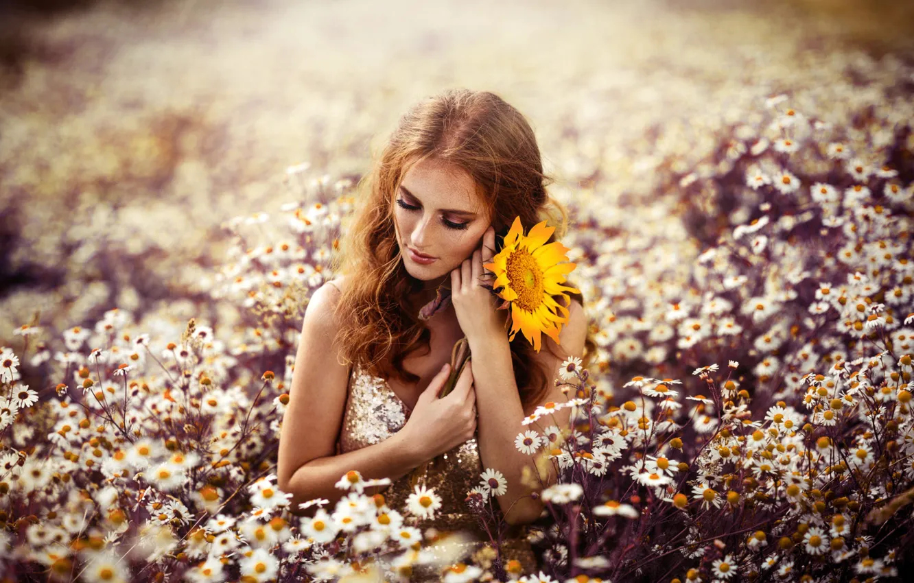 Photo wallpaper flowers, style, closed eyes, image, curls, field, Melanie Dietze, yellow