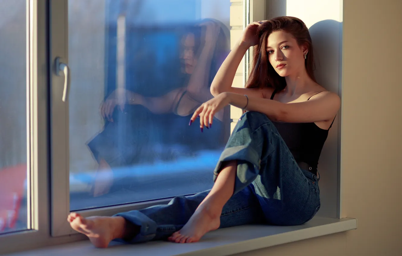 Photo wallpaper look, girl, pose, reflection, feet, jeans, hands, window