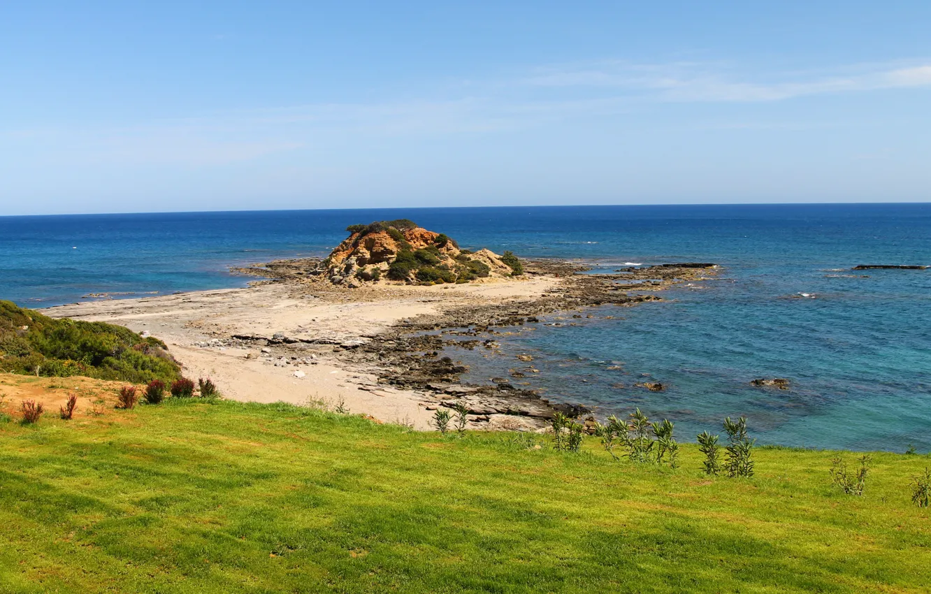 Photo wallpaper sea, the sky, grass, water, landscape, blue, nature, green