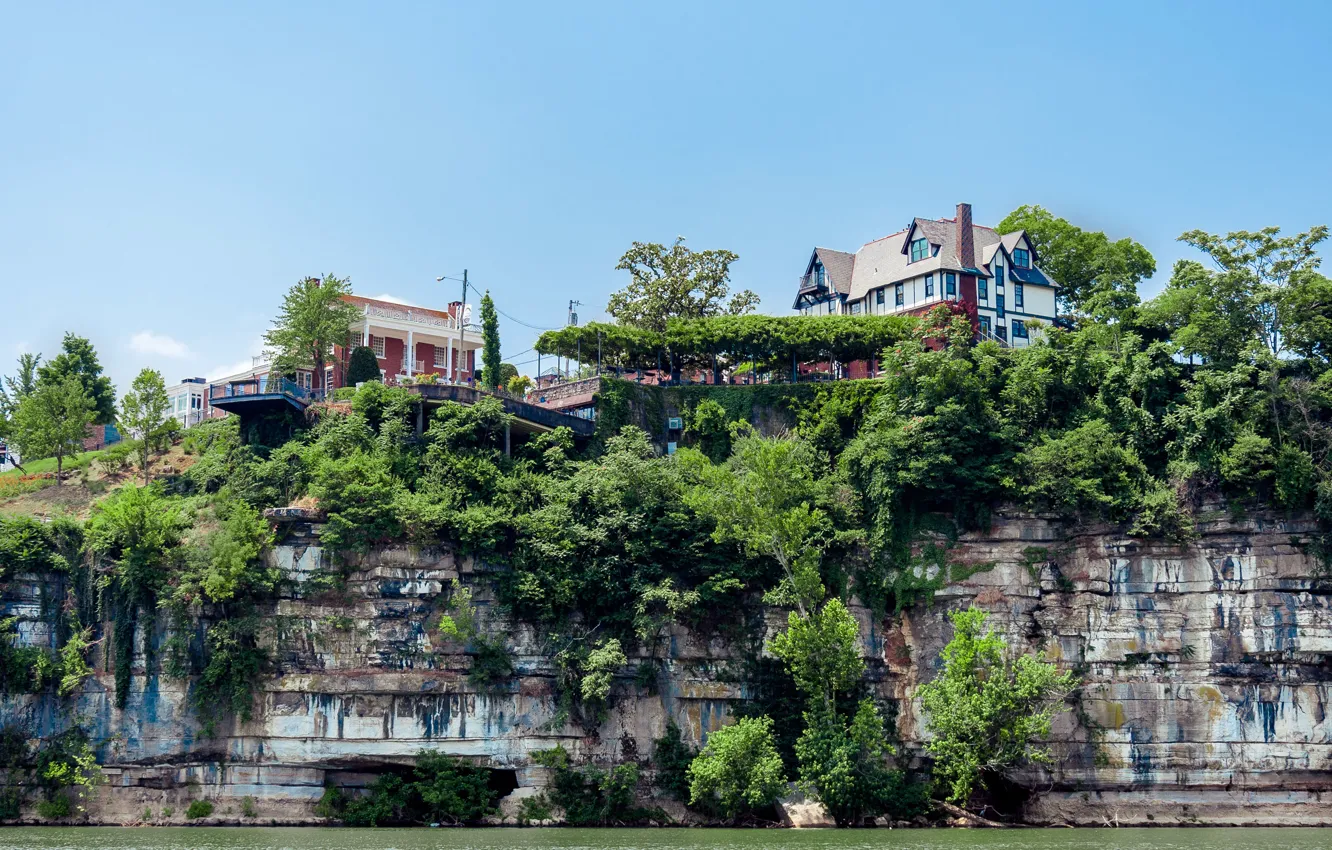 Photo wallpaper the sky, grass, clouds, trees, river, rocks, home, USA