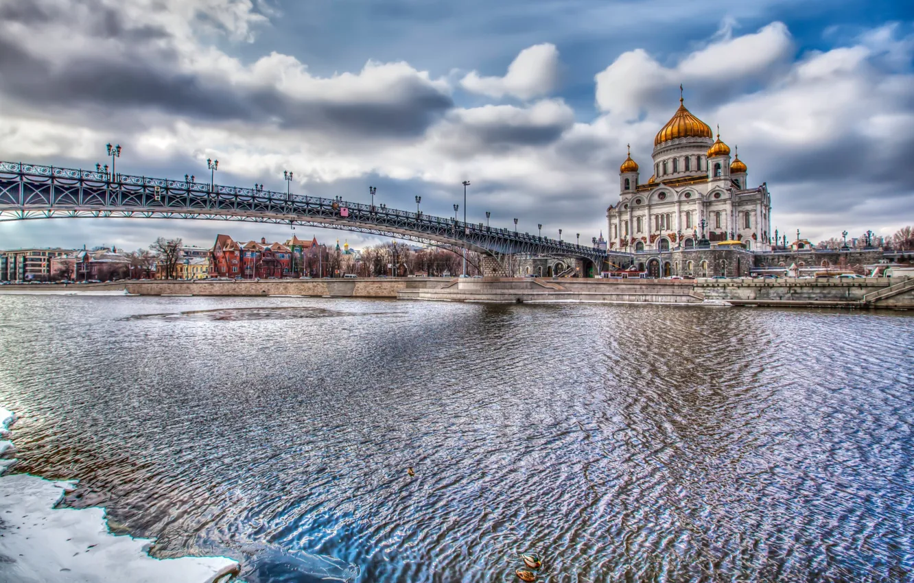 Photo wallpaper river, HDR, Moscow, Russia, The Cathedral Of Christ The Savior