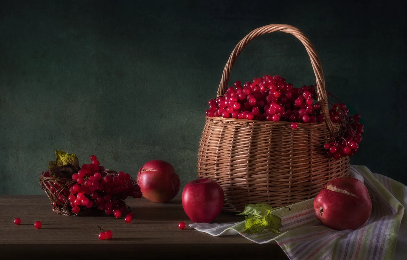 Photo wallpaper berries, apples, basket, Kalina