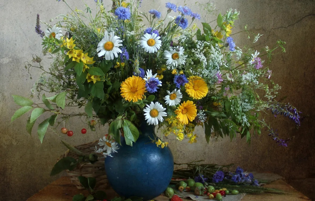 Photo wallpaper summer, berries, bouquet, Daisy, pitcher, cornflowers, calendula