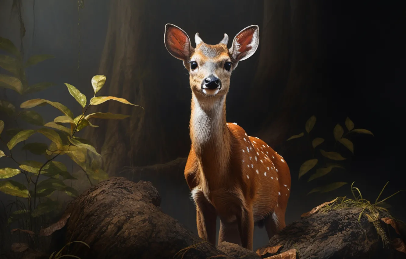 Photo wallpaper forest, look, nature, pose, deer, fawn, white-tailed deer, AI art