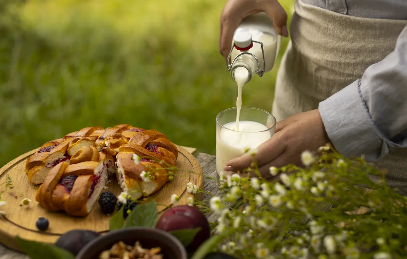 Photo wallpaper summer, flowers, glass, berries, table, glade, woman, apples