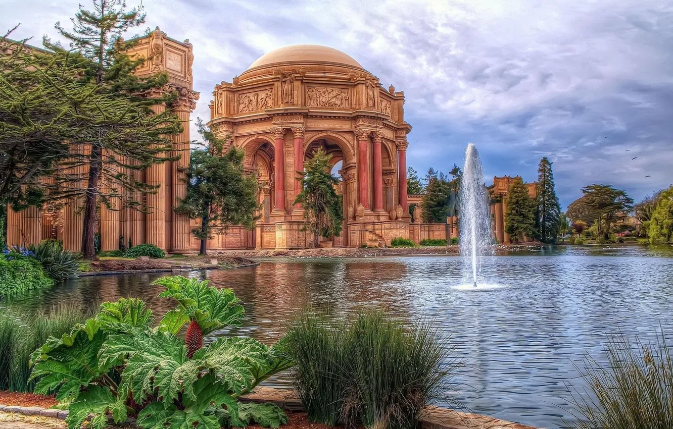 Photo wallpaper the sky, clouds, trees, landscape, nature, plants, fountain, San Francisco