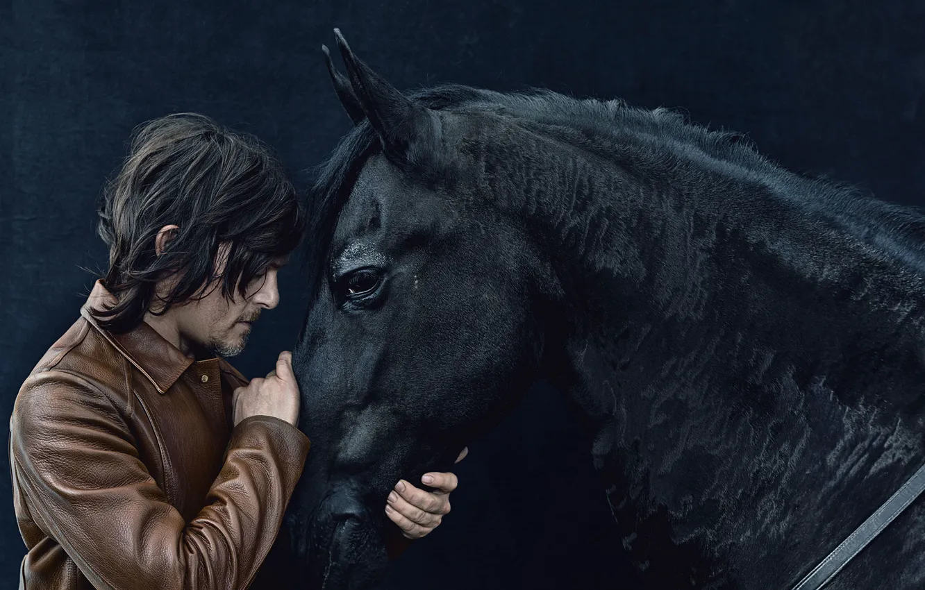 Photo wallpaper photo, horse, black, horse, jacket, actor, Norman Reedus, Norman Reedus