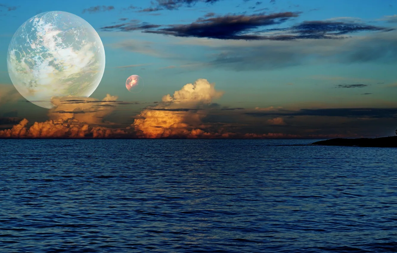 Photo wallpaper clouds, lake, planet, the evening