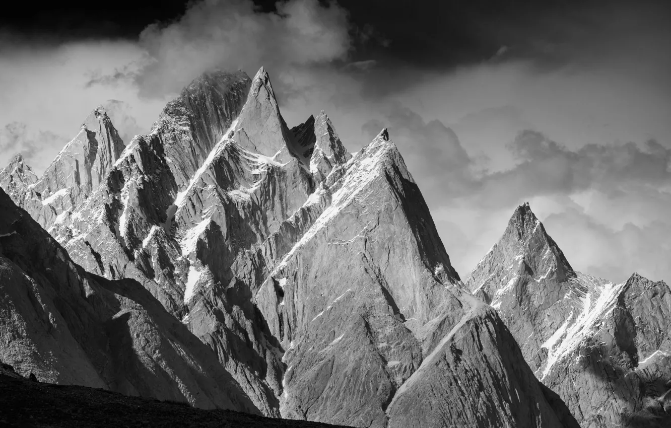 Photo wallpaper the sky, clouds, mountains, nature, rocks, black and white, monochrome, Pakistan