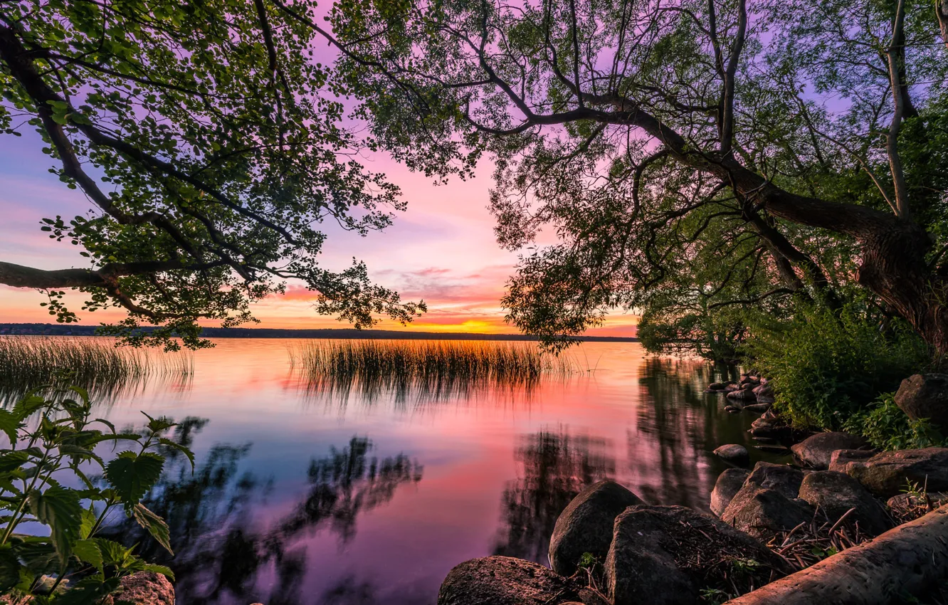 Photo wallpaper landscape, sunset, nature, lake