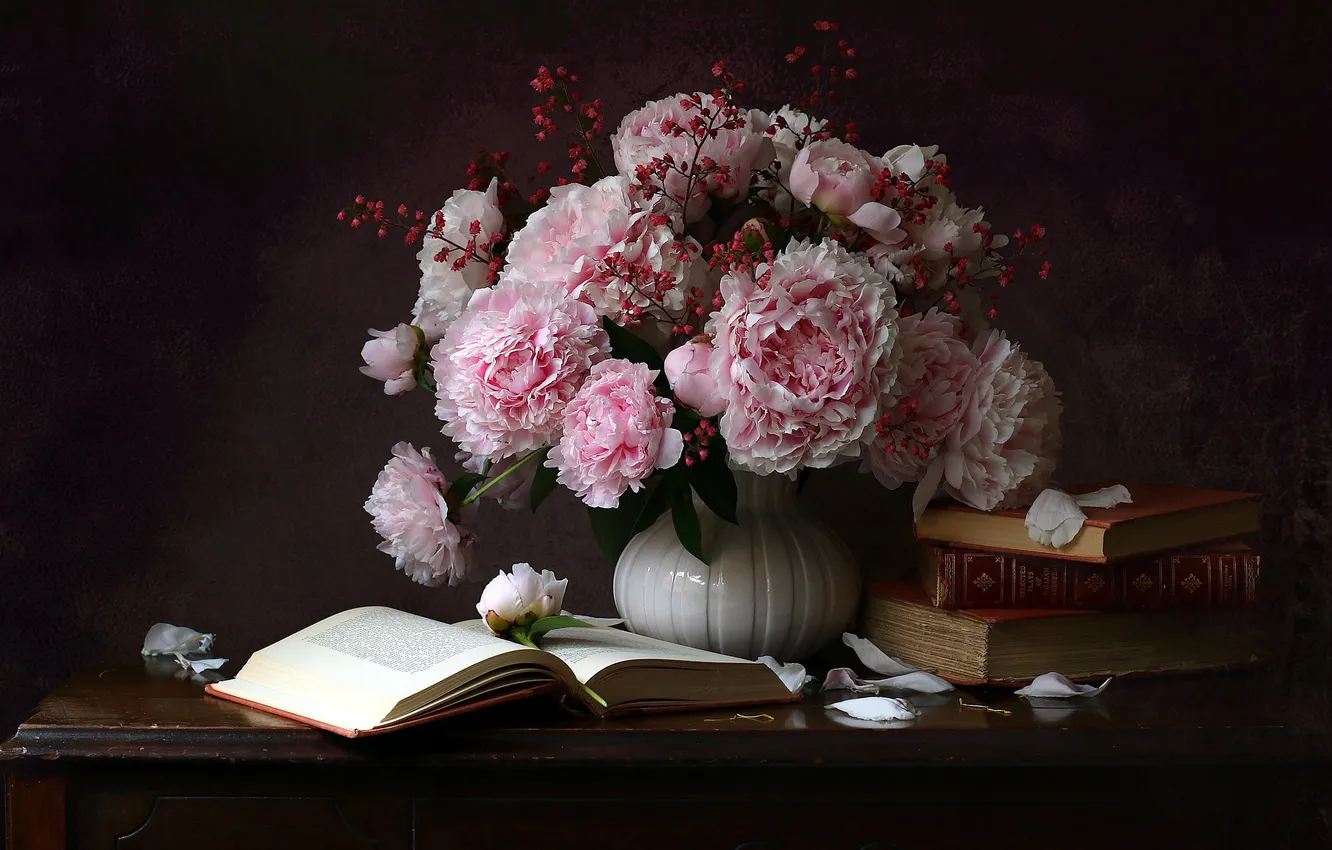 Photo wallpaper style, bouquet, petals, book, still life, peonies