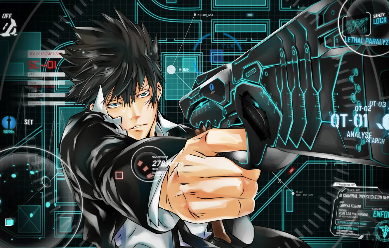 Photo wallpaper look, weapons, psychoport, psycho-pass, Dominator, kogami Shinya