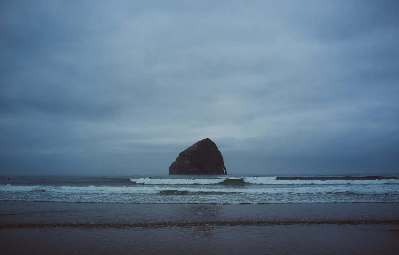 Photo wallpaper waves, rock, beach, seascape, seaside, cloudy, surfers