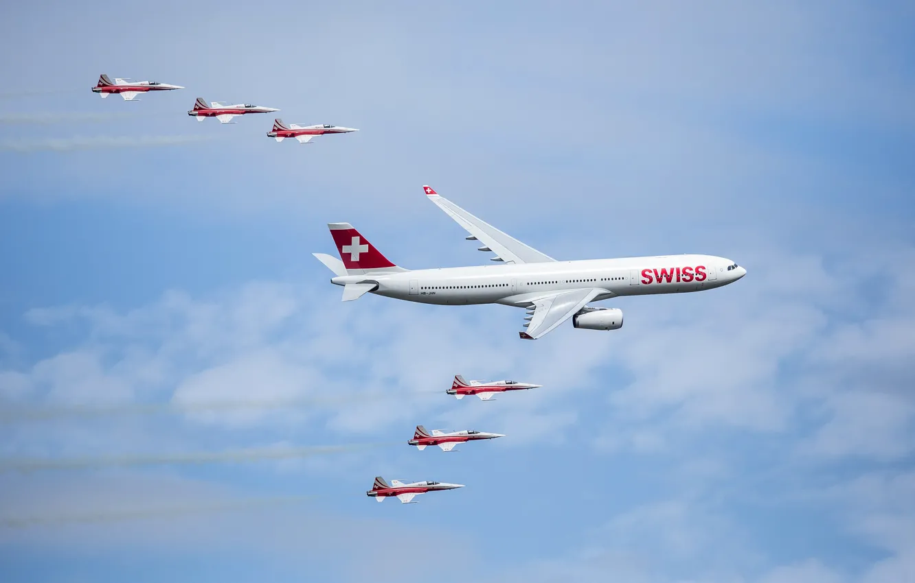 Photo wallpaper the sky, clouds, the plane, Switzerland, parade, Airbus, The A350