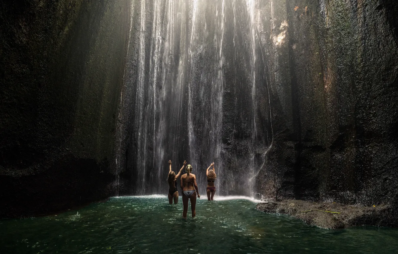 Photo wallpaper water, girl, pose, rocks, waterfall, bathing, Bathers, Stand back