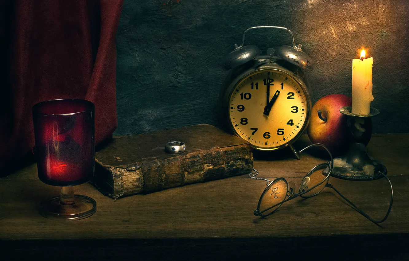 Photo wallpaper watch, candle, ring, book, Time immortal