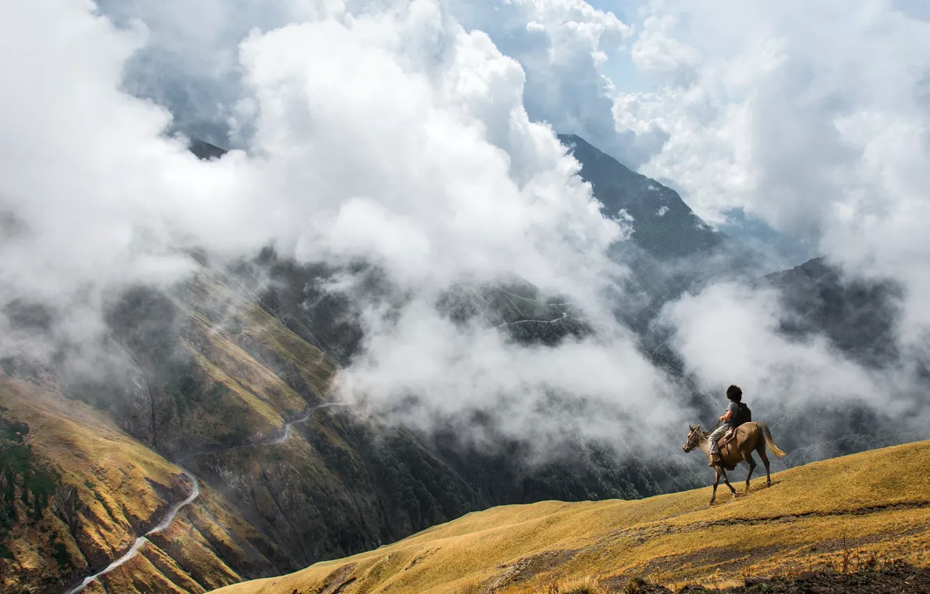 Photo wallpaper mountains, fog, horse, horse, people, rider