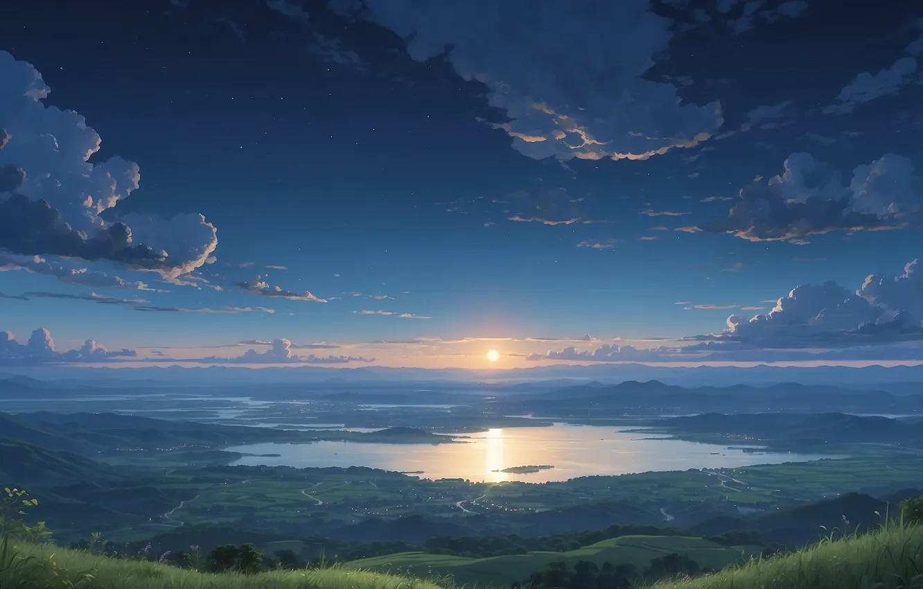 Photo wallpaper city, moon, trees, landscape, anime, night, mountains, clouds