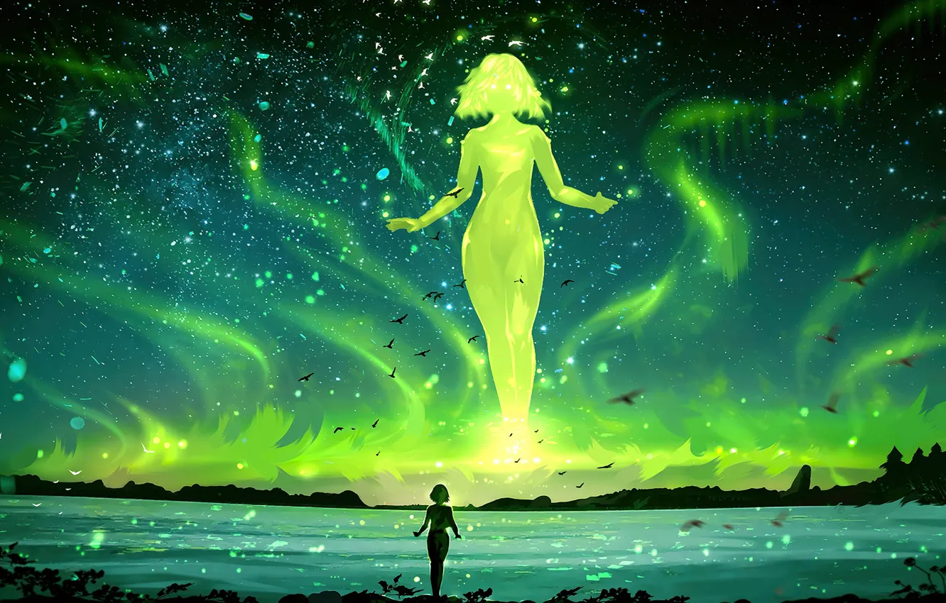 Photo wallpaper sea, girl, stars, birds, reflection, lights, figure, horizon