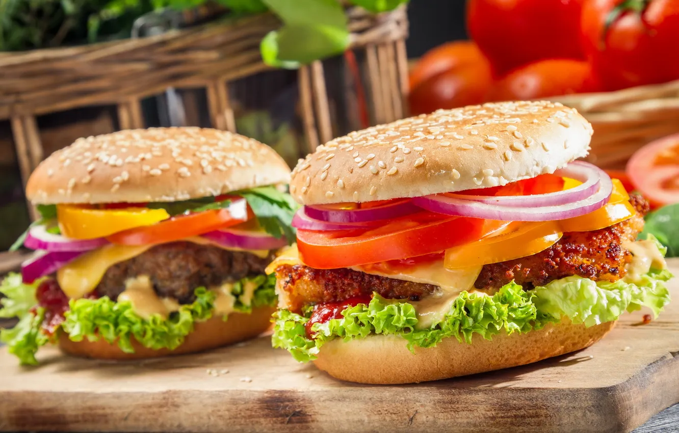 Photo wallpaper macro, food, Closeup of two homemade burgers made ​​from fresh vegetables
