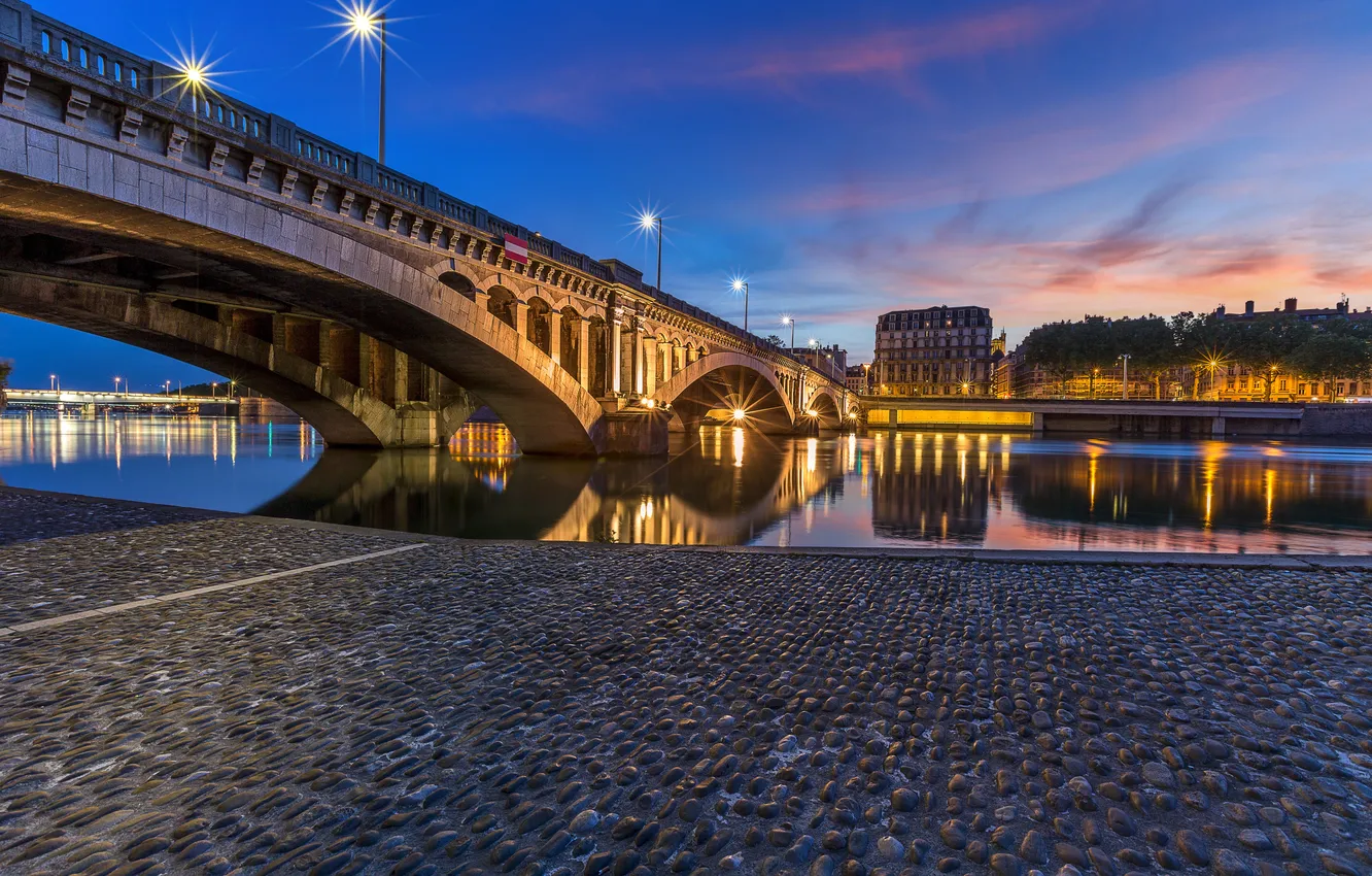 Photo wallpaper sunset, bridge, river, France, home, the evening, promenade, bridge