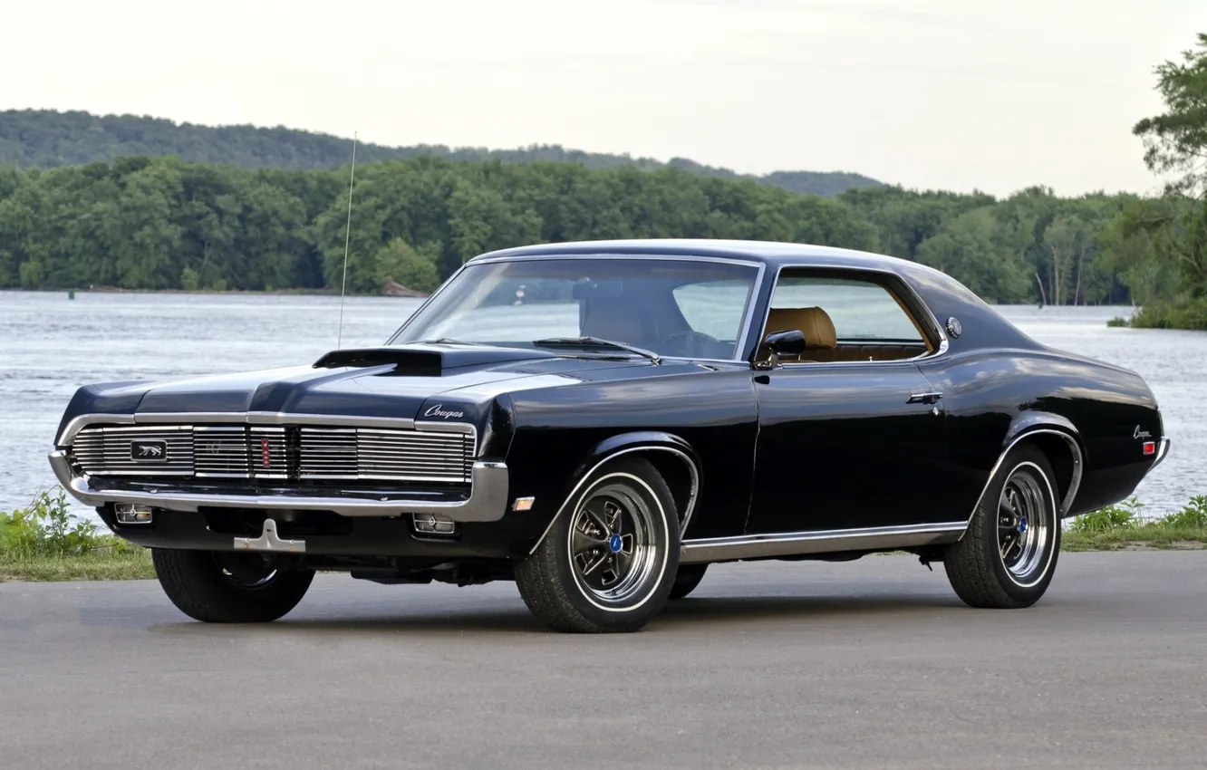Photo wallpaper water, trees, background, shore, black, coupe, 1969, muscle car