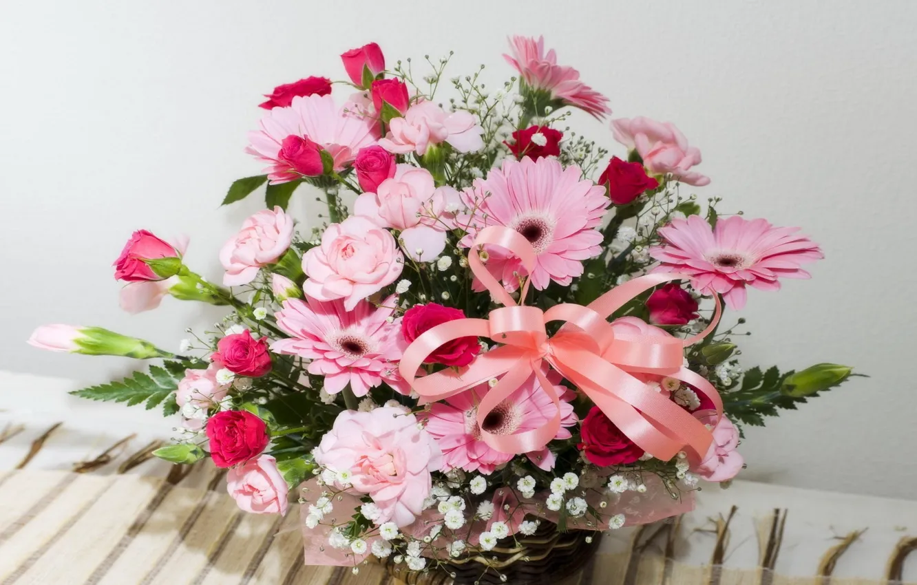 Photo wallpaper flowers, basket, bouquet, tape, gerbera