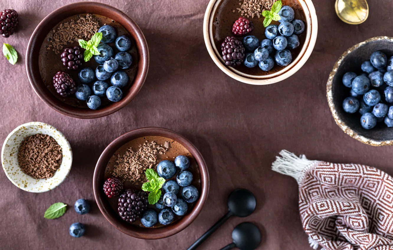 Photo wallpaper berries, chocolate, blueberries, spoon, Cup, bowl, mint, cream
