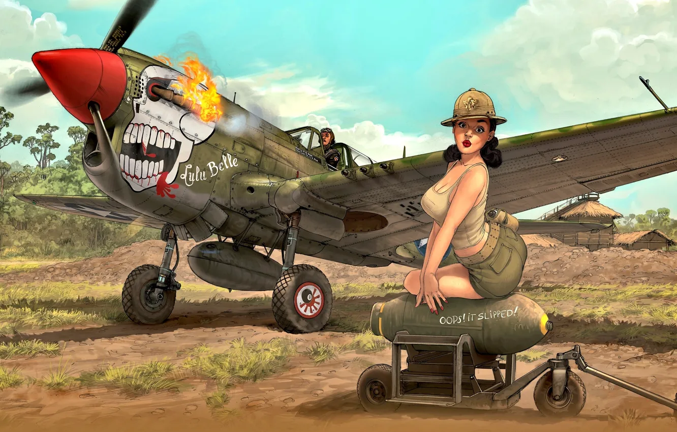Photo wallpaper Girl, pilot, WWII, P-40N, combat aircraft, bomb, external fuel tank, ''Lulu Belle''