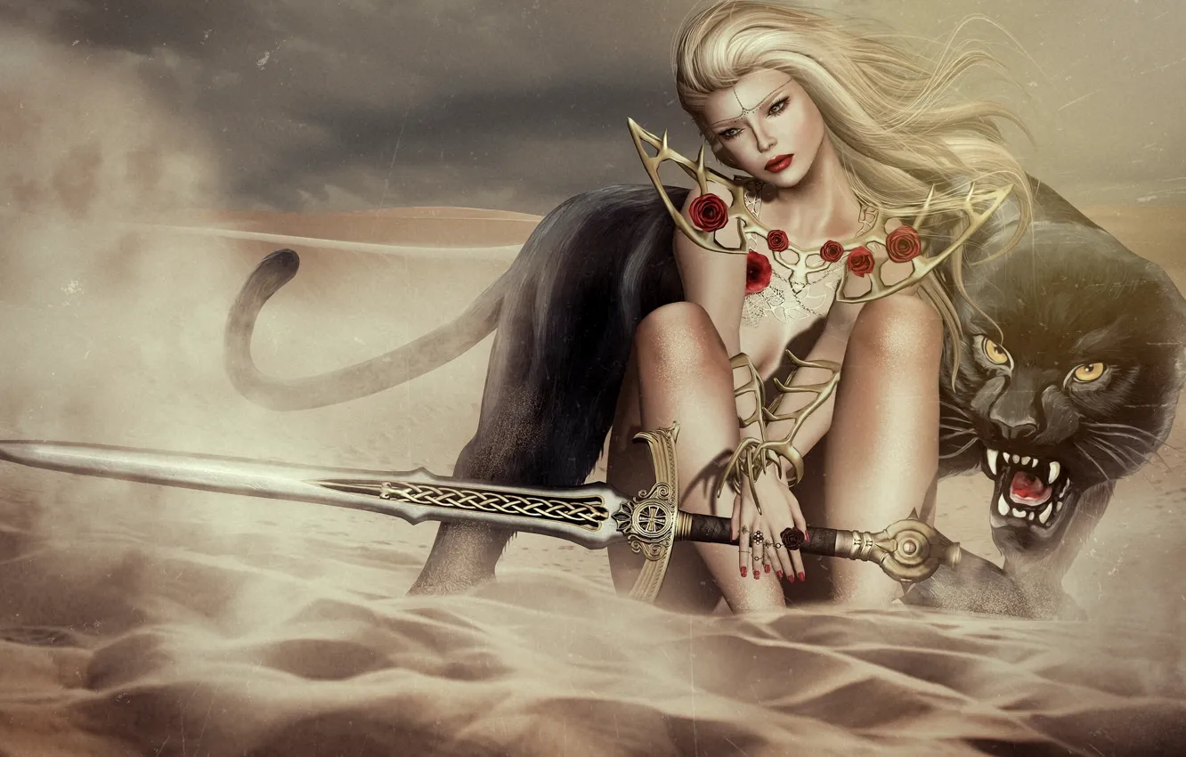 Photo wallpaper sand, girl, sword, Panther, warrior, roar